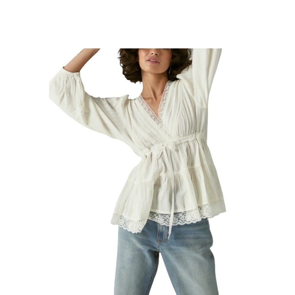 Women's Cream V-neck Lace-Trim Wrap Blouse